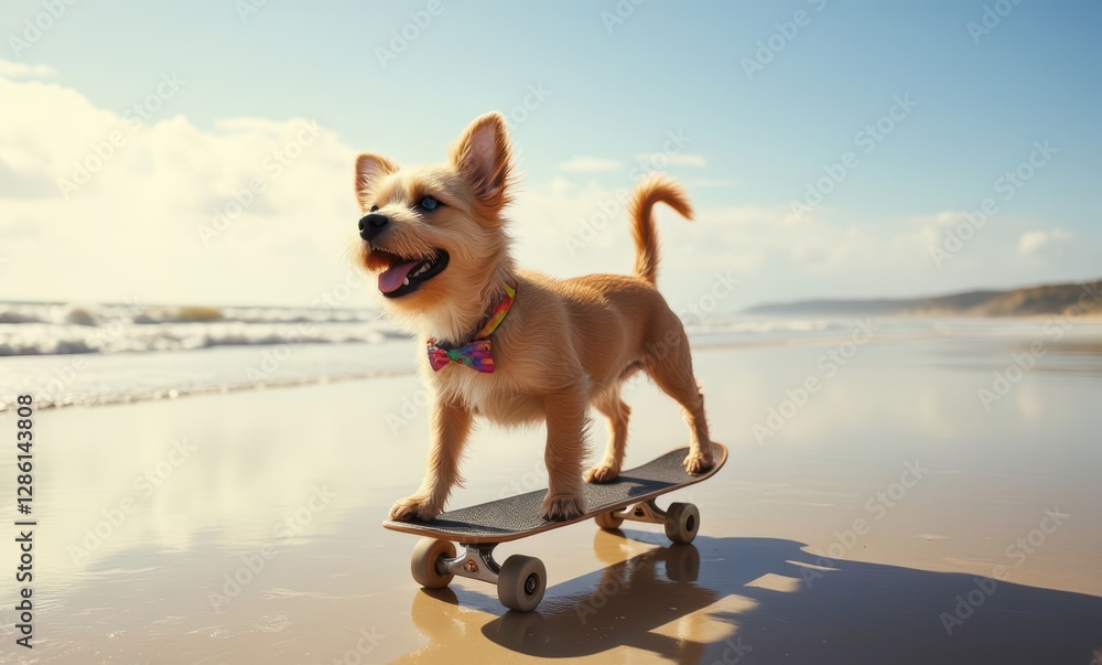Playful dog skating at the beach Playful dog skating at the beach