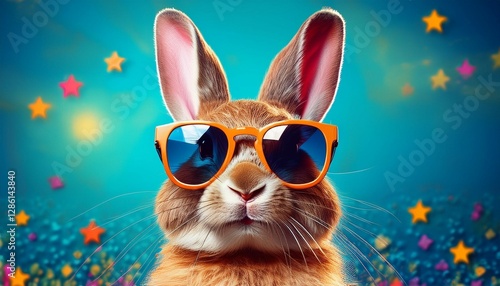 frohe ostern konzept feiertag grusskarte mit deutschem text susser osterhase kaninchen mit sonnenbrille isoliert auf blauem hintergrund