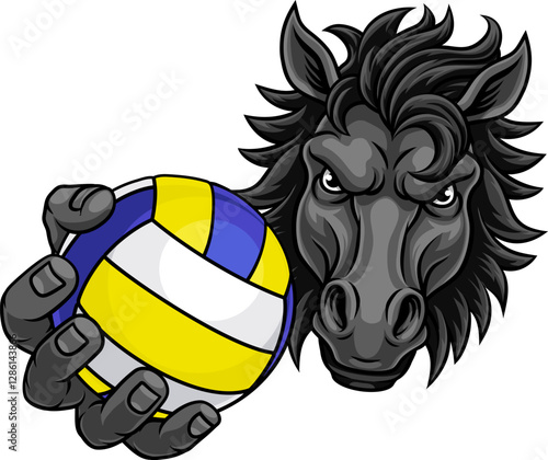 Horse mustang bronco stallion angry volleyball sports team mascot holding a ball.