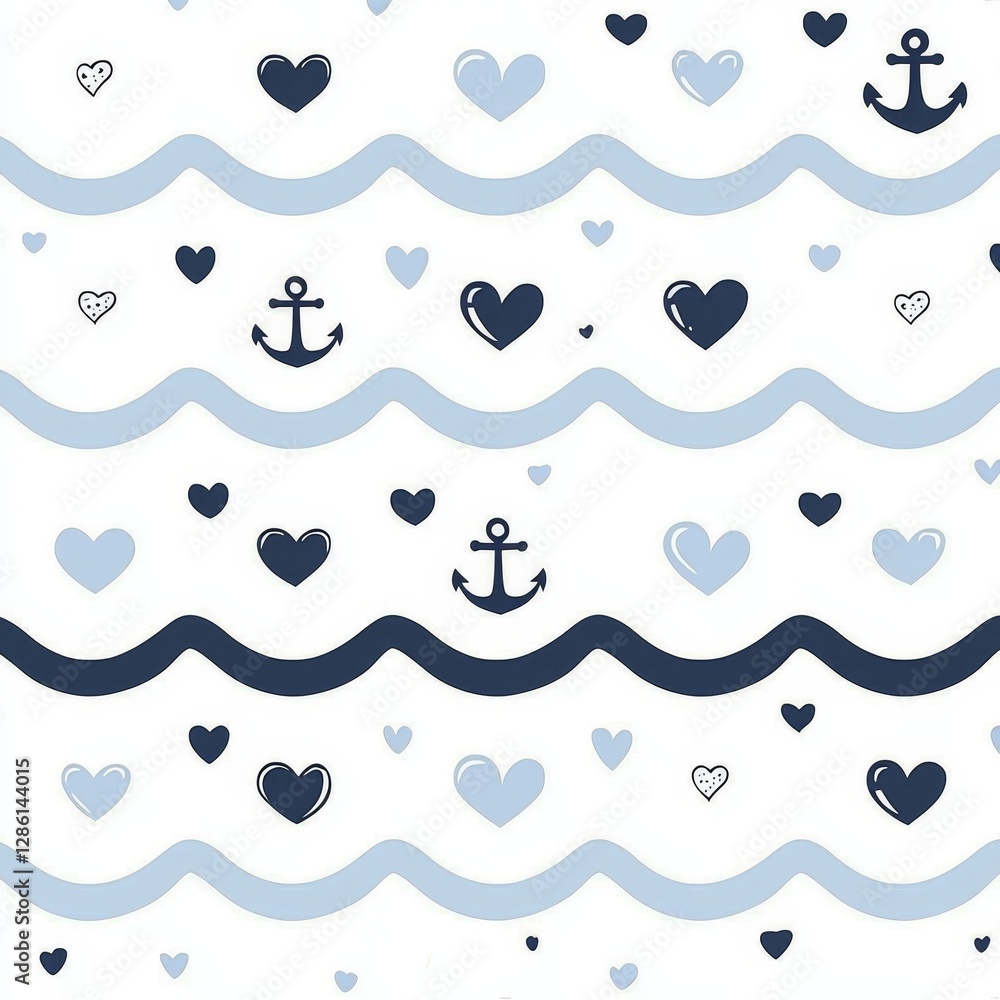 A modern, seamless geometric design with anchors, hearts, polka dots, and wavy lines. This minimalistic nautical background works perfectly as a vintage maritime backdrop for textures, paper, cards, A modern, seamless geometric design with anchors, hearts, polka dots, and wavy lines. This minimalistic nautical background works perfectly as a vintage maritime backdrop for textures, paper, cards,