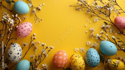 Colorful Decorated Easter Eggs Arranged on Bright Yellow Background Surrounded by Blossoming Branches and Flowers