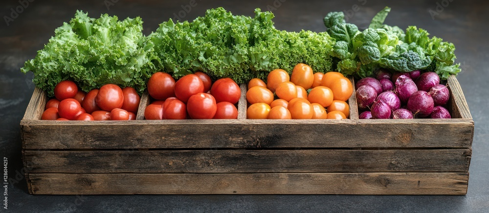 Wooden crate filled with fresh lettuce, red tomatoes, yellow cherry tomatoes, and red onions. Wooden crate filled with fresh lettuce, red tomatoes, yellow cherry tomatoes, and red onions.