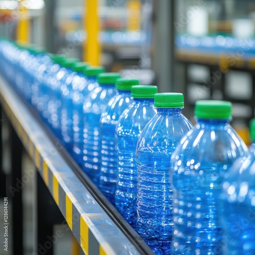 A production line of blue bottled water with green caps, highlighting the manufacturing process in a factory setting.