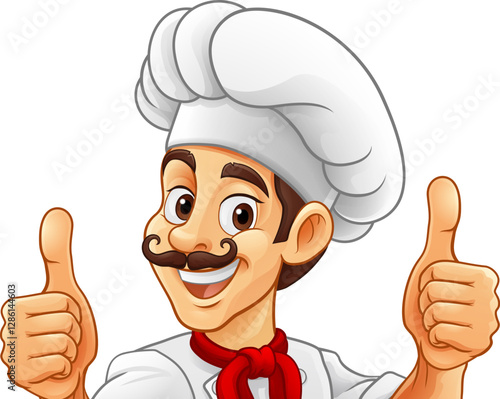 A chef or baker cartoon cook food man mascot character peeking around a sign or menu with copy space illustration