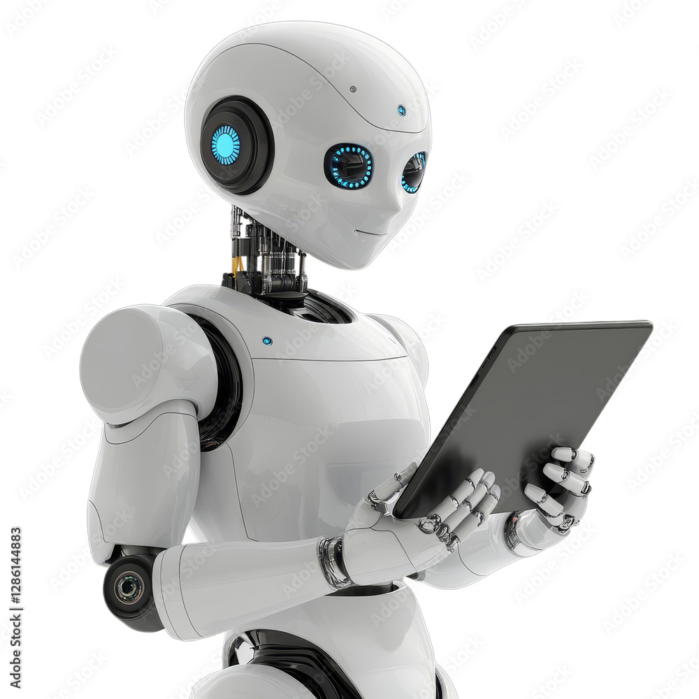 Humanoid robot holding tablet with blue eyes and mechanical features Humanoid robot holding tablet with blue eyes and mechanical features