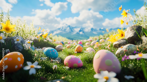 Colorful easter eggs on the grass meadow. Happy Easter banner background. Easter Egg Hunt In Garden. 