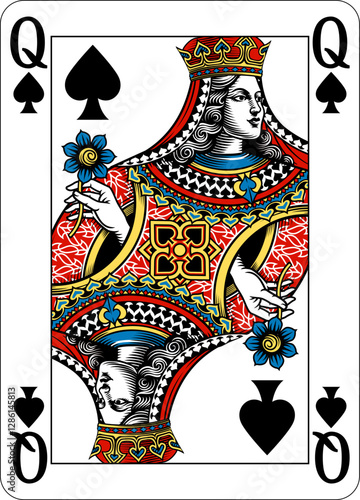 Queen of Spades design from a new original deck of playing cards. Four pip left handed version with identifier in all four corners.