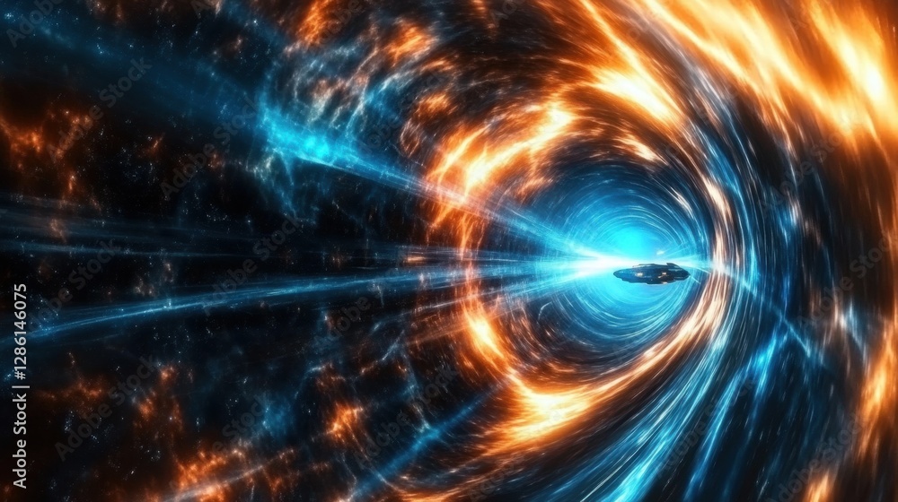 A futuristic starship travels through a glowing nebula tunnel, bending light around it A futuristic starship travels through a glowing nebula tunnel, bending light around it