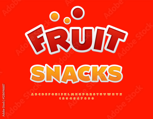 Vector Holiday label Fruit Snacks. Orange Sticker Font. Decorative Alphabet Letters and Numbers set. 