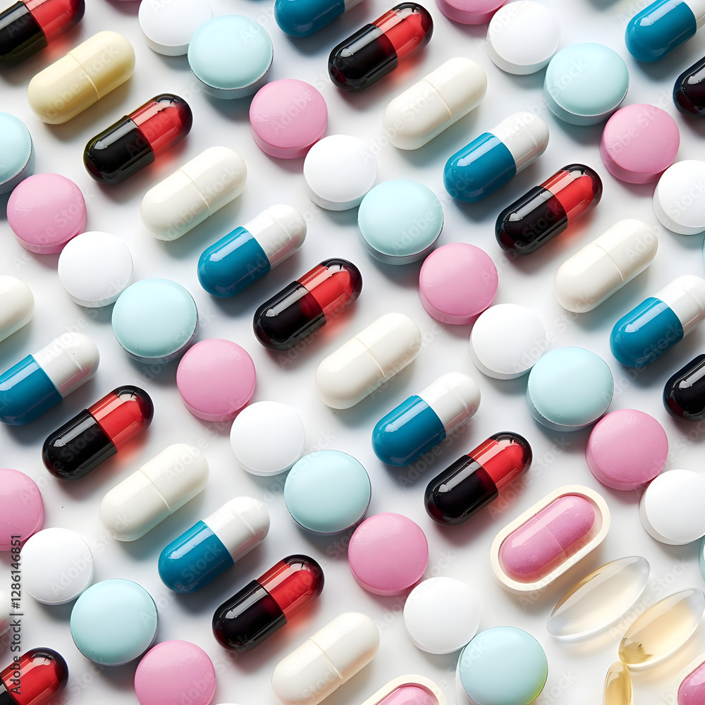 Vibrant Collection of Multicolored Pills and Capsules in Focus. Colorful medicines and tablets. Clean and bright medicine image. Vibrant Collection of Multicolored Pills and Capsules in Focus. Colorful medicines and tablets. Clean and bright medicine image.