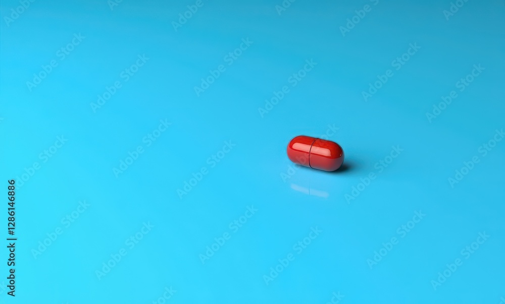 Red capsule on blue surface Red capsule on blue surface