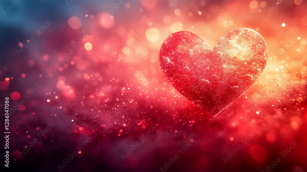 A red heart is surrounded by a blurry background of red and blue A red heart is surrounded by a blurry background of red and blue