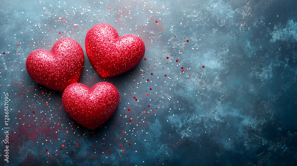 Fototapeta premium Three red hearts are on a blue background with glitter