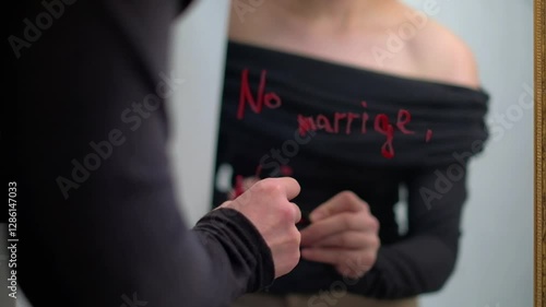 Woman writing ‘No marriage, no kids’ on mirror with red lipstick.