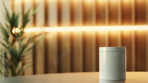 Wallpaper Mural A sleek and minimalist white jar placed on a modern wooden table, with soft lighting creating shadows that enhance the contemporary atmosphere of the scene, ideal for product showcases. Torontodigital.ca