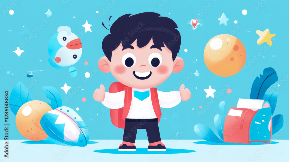Back to School Illustration: Cheerful boy with backpack welcomes you with a smile for school print, card, poster Back to School Illustration: Cheerful boy with backpack welcomes you with a smile for school print, card, poster