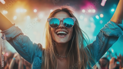 A fashionable girl with oversized sunglasses exuberantly enjoys a concert, embodying the essence of summer fun, friendship, and artistic expression amidst colorful lights. photo