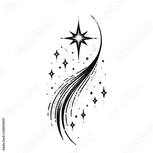 A tiny tattoo of a shooting star with a trailing line. sketch engraving, white background.