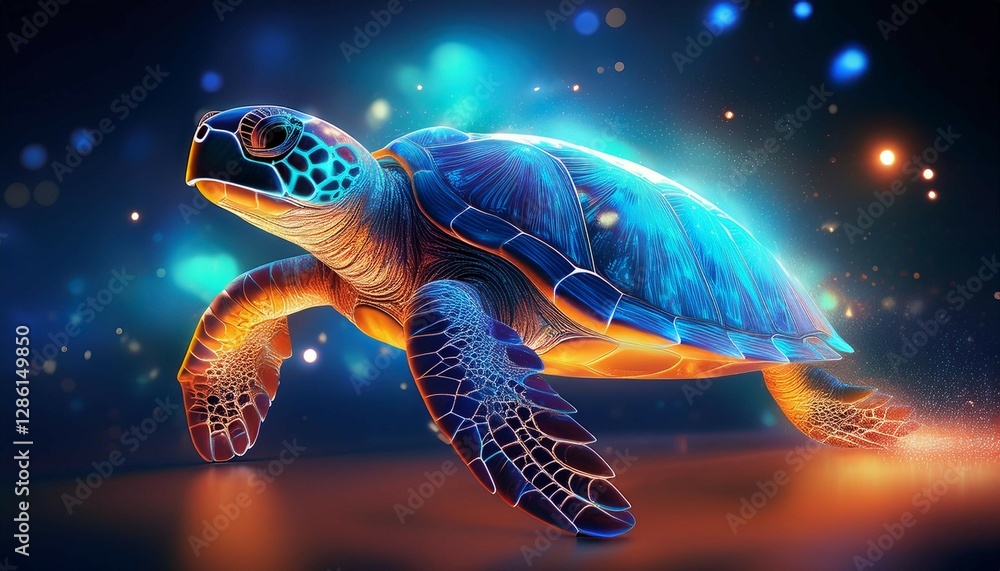 a glowing sea turtle in vibrant blue and orange light with sparkling particles a glowing sea turtle in vibrant blue and orange light with sparkling particles