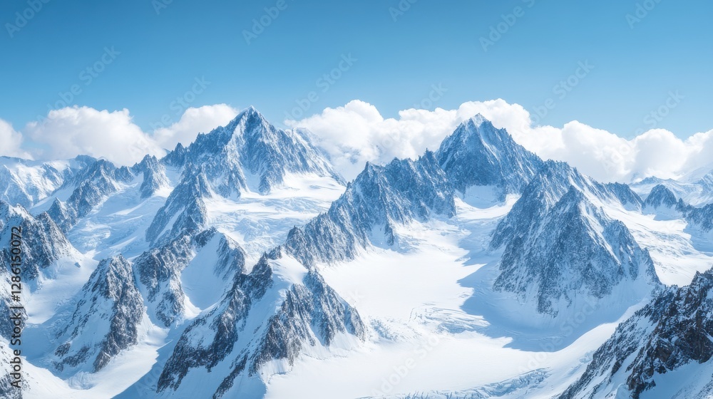 Obraz premium Majestic Winter Mountain Range Panorama Snow-Capped Peaks and Glacial Valley