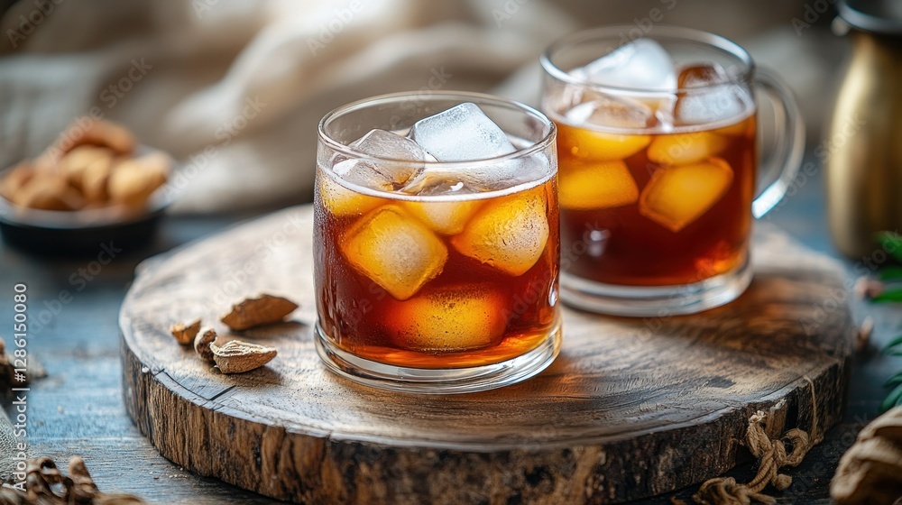 Iced coffee drinks on wooden platter, warm ambient lighting, with spices and nuts Iced coffee drinks on wooden platter, warm ambient lighting, with spices and nuts