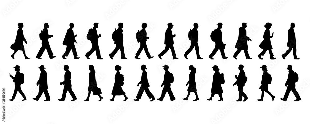 Set of business people walking side view silhouette. Business team silhouette collection. Set of business people walking side view silhouette. Business team silhouette collection.