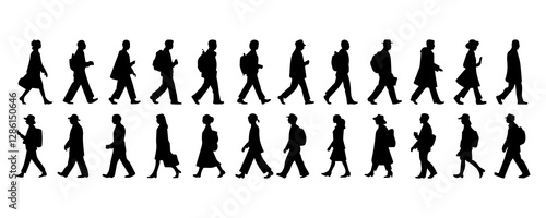 Set of business people walking side view silhouette. Business team silhouette collection.
