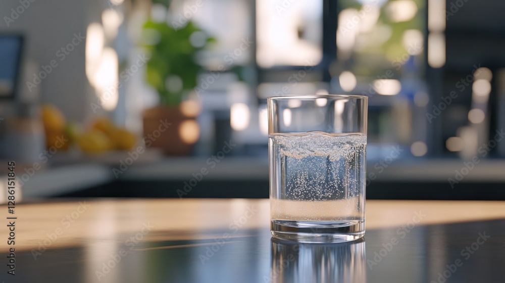 Drinking water flows from the tap into a glass of water in the kitchen, close-up view. Water purifier and tap for drinking clean and fresh water Drinking water flows from the tap into a glass of water in the kitchen, close-up view. Water purifier and tap for drinking clean and fresh water