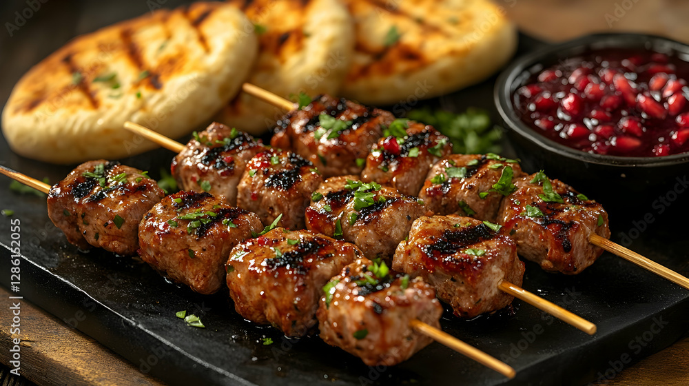 Grilled Pork Skewers with Pomegranate Sauce and Flatbreads Grilled Pork Skewers with Pomegranate Sauce and Flatbreads