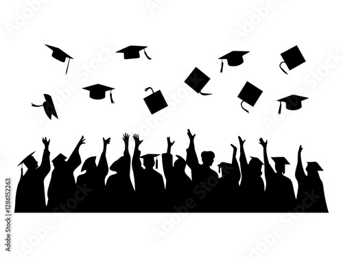 Set of silhouette graduate student throwing cap. Diverse graduates celebrate with caps and diplomas in hand silhouette.