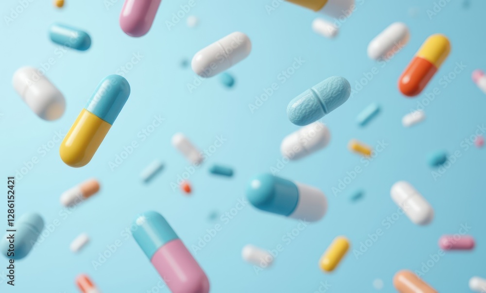 Colorful capsules floating in blue Colorful capsules floating in blue