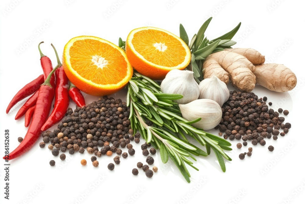 An array of herbs and spices, including rosemary leaves, fresh ginger root, cumin seeds, garlic cloves, chili peppers, orange slices, black peppercorns isolated An array of herbs and spices, including rosemary leaves, fresh ginger root, cumin seeds, garlic cloves, chili peppers, orange slices, black peppercorns isolated