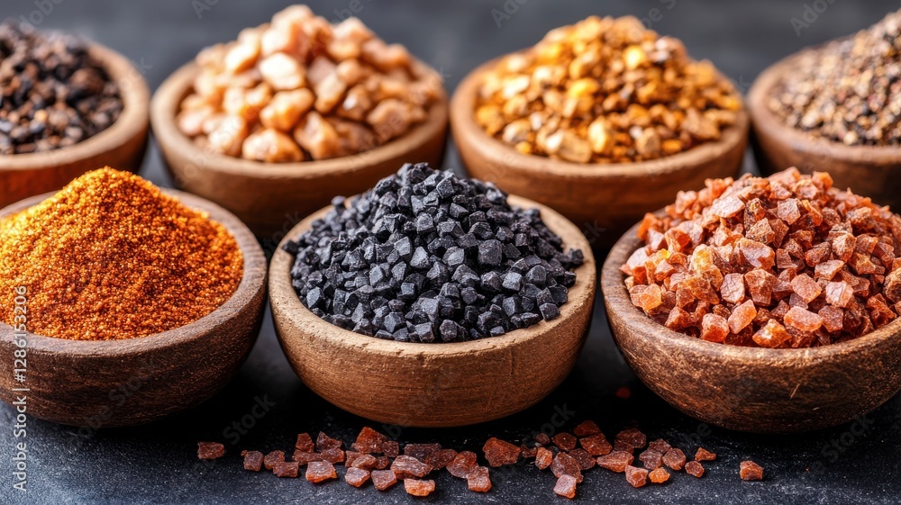 Assortment of gourmet salts in wooden bowls Assortment of gourmet salts in wooden bowls