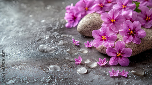 Spa Day Still Life: Cleansing therapy with purple blossom on rock for wellbeing
