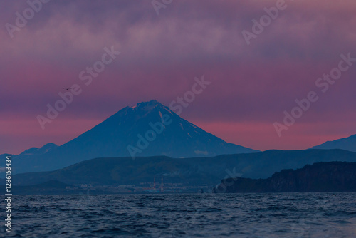 Landscape Petropavlovsk Kamchatsky and Koryaksky Volcano with killer whale. Concept Travel photo Kamchatka Peninsula Russia photo