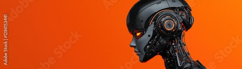 A sleek robotic profile set against an orange background, showcasing intricate mechanical details and a futuristic design.