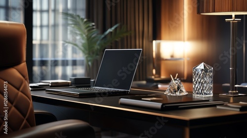 Wallpaper Mural Laptop computer on desk next to lamp with workspace items and natural light environment Torontodigital.ca