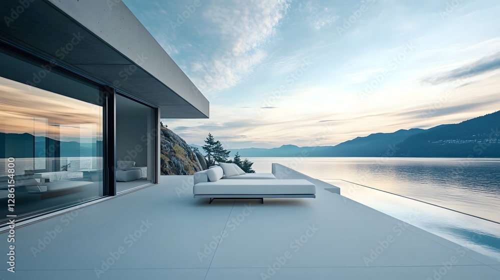 Fototapeta premium Luxurious Minimalist Lakefront Villa with Cutting Edge Smart Home Technology and Sustainable Design