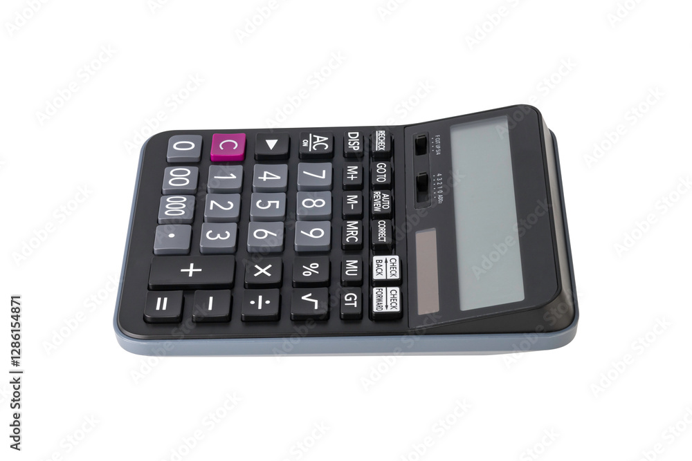 Closeup of single black digital calculator isolated on white background with clipping path. Closeup of single black digital calculator isolated on white background with clipping path.