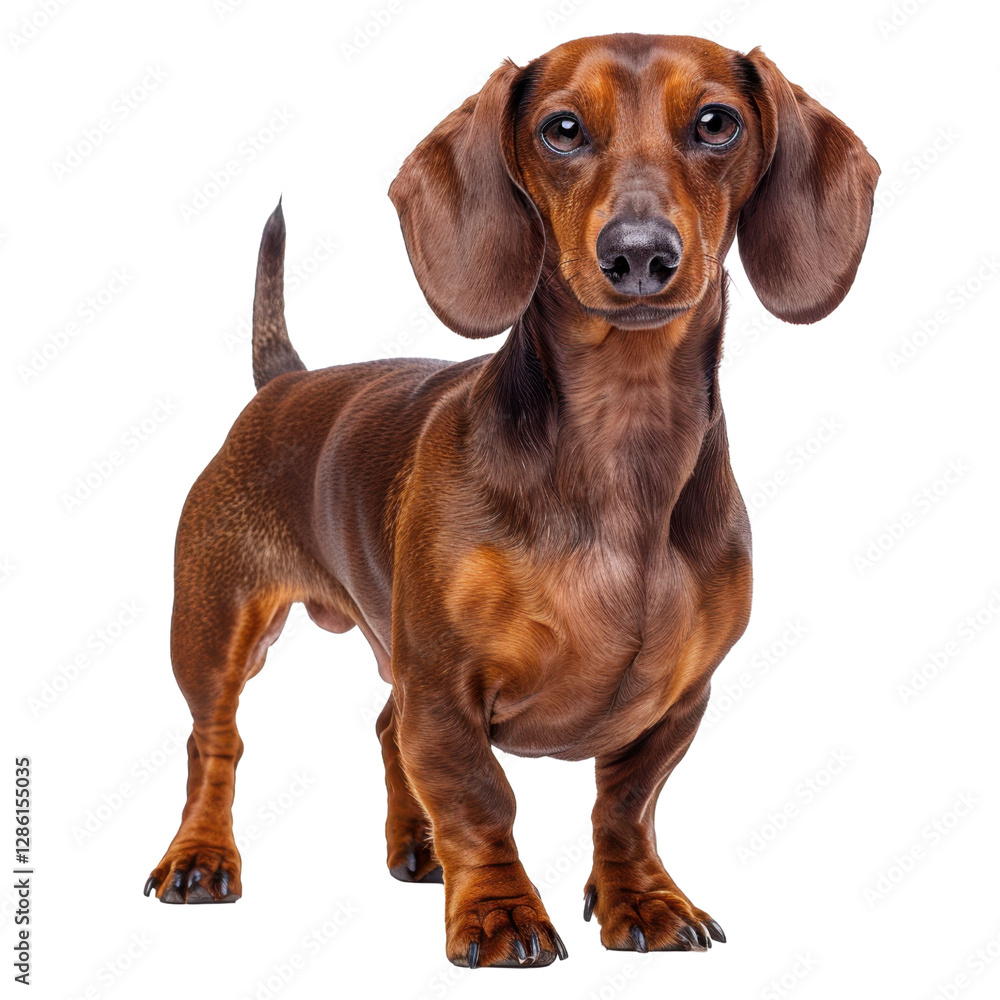 Dachshund dog standing confidently with shiny coat and alert expression. This breed is known for its playful nature and long body, making it beloved pet Dachshund dog standing confidently with shiny coat and alert expression. This breed is known for its playful nature and long body, making it beloved pet