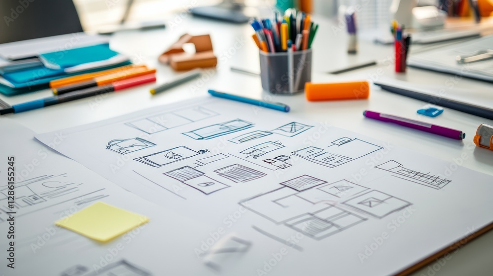White table with various pens and a colorful drawing on paper surface