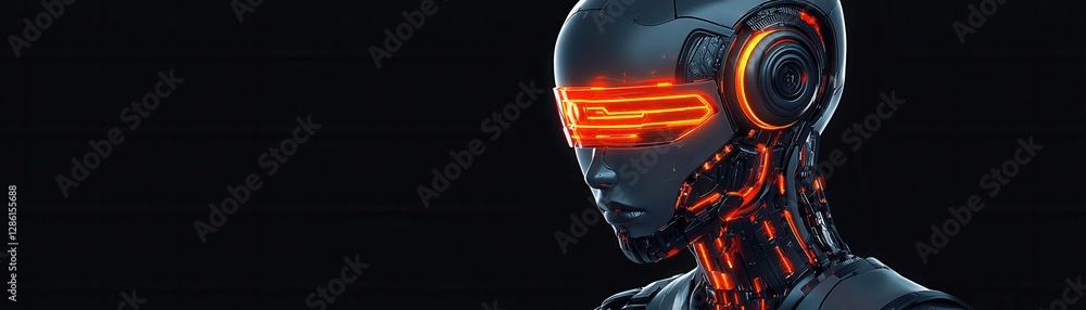 Fototapeta premium A futuristic robotic figure with glowing elements, showcasing advanced technology and cybernetic features against a dark backdrop.