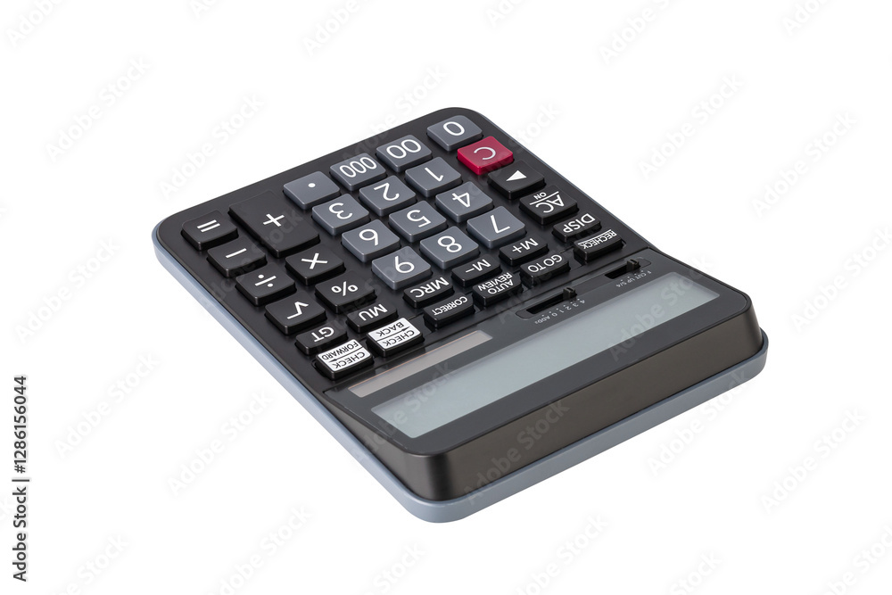 Closeup of single black digital calculator isolated on white background with clipping path.