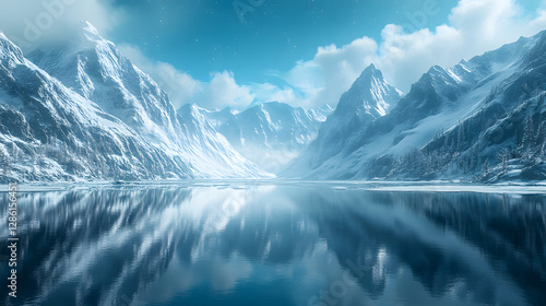 Wallpaper Mural Arctic Serenity: A panoramic view of snow-capped mountains reflected in a calm, icy lake under a serene blue sky, capturing the stark beauty and isolation of the Arctic landscape. Torontodigital.ca