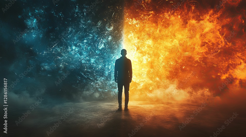 Man Stands Between Opposing Forces Of Ice And Fire Man Stands Between Opposing Forces Of Ice And Fire