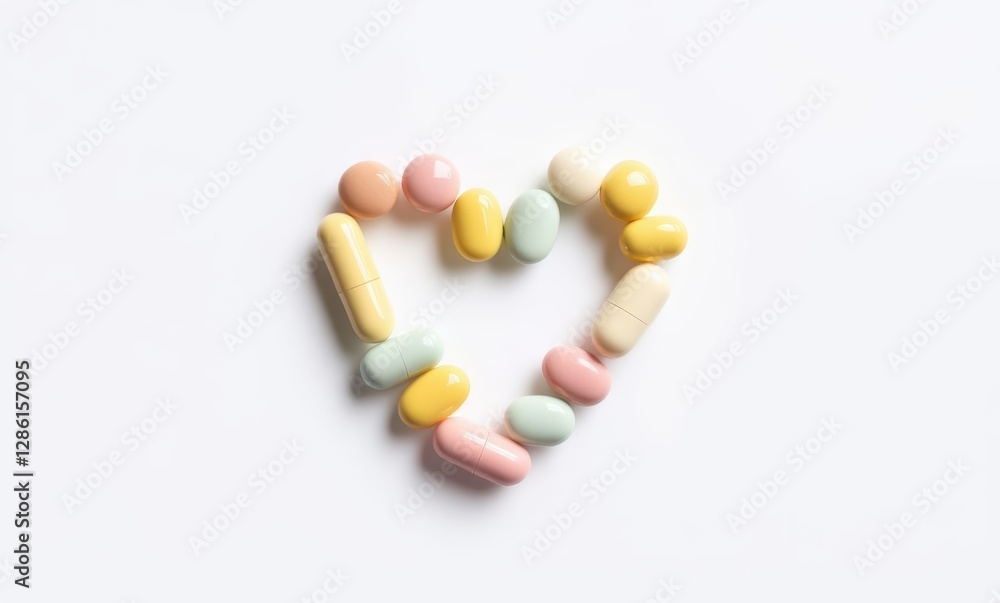 Colorful pills arranged in heart shape Colorful pills arranged in heart shape