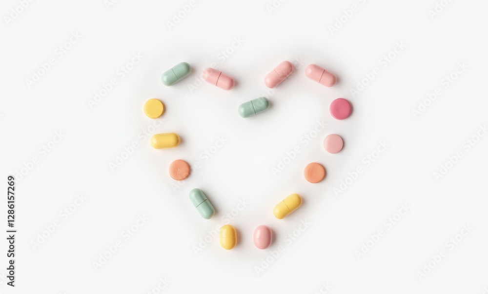 Colorful pills arranged in heart shape Colorful pills arranged in heart shape