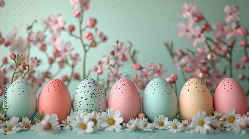 Colorful Simple Easter Theme with Decorated Eggs Surrounded by Flowers on a Soft Background