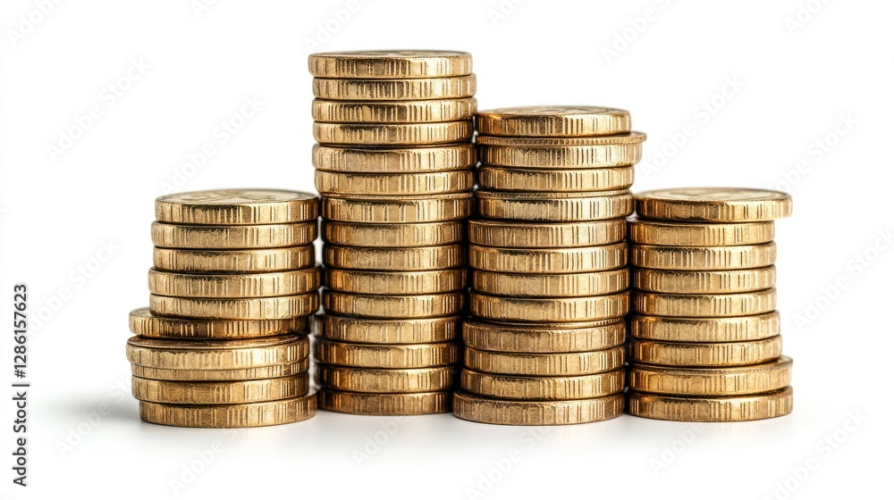 Gold coins stacked in ascending order on white background; financial growth concept Gold coins stacked in ascending order on white background; financial growth concept