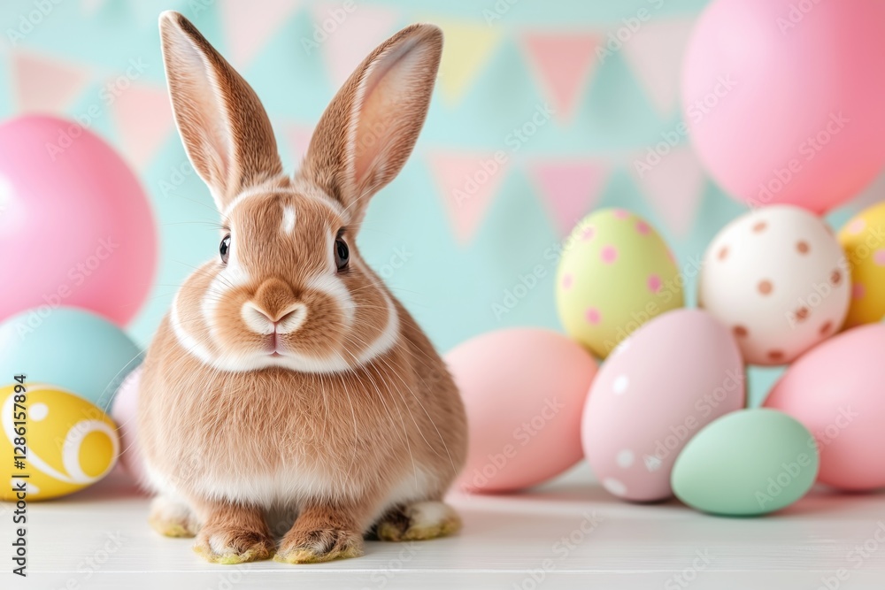 Cute brown bunny surrounded by colorful Easter eggs and pastel bunting Cute brown bunny surrounded by colorful Easter eggs and pastel bunting